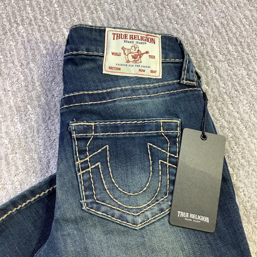 True Religion Billie Mid Rise Straight Big T Jeans Pine Blossom Blue Size 24 NWT